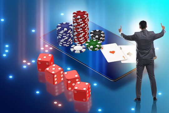 A digital scene with poker chips, dice, and a dealer in a casino setting.