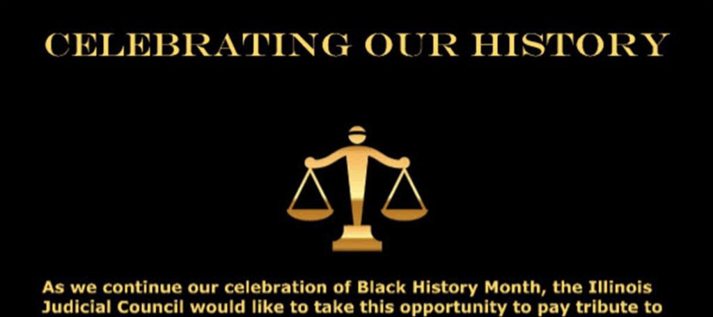 A Black History Month celebration banner featuring a gold scale of justice on black background.