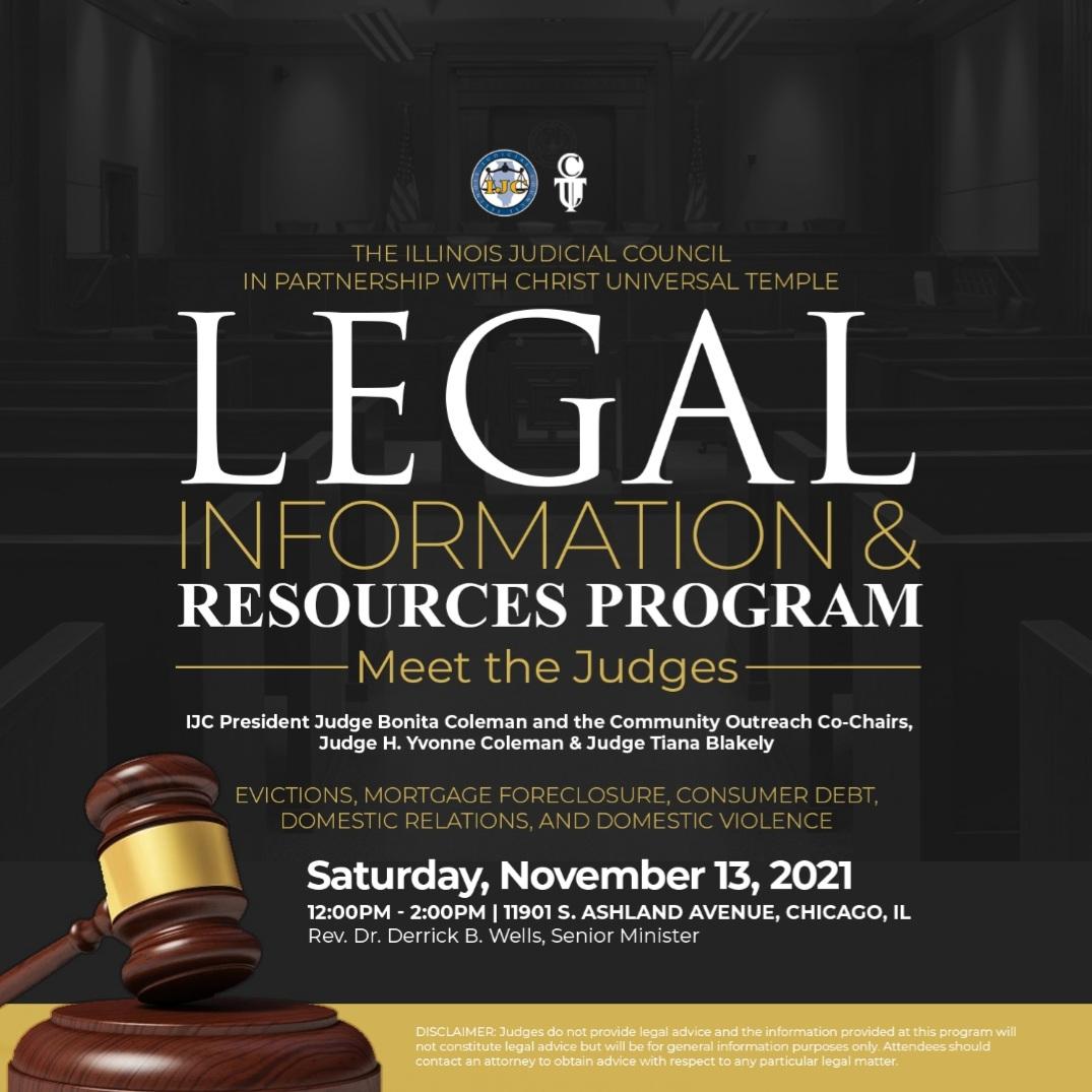 Flyer for a legal info and resources program event with a gavel image.