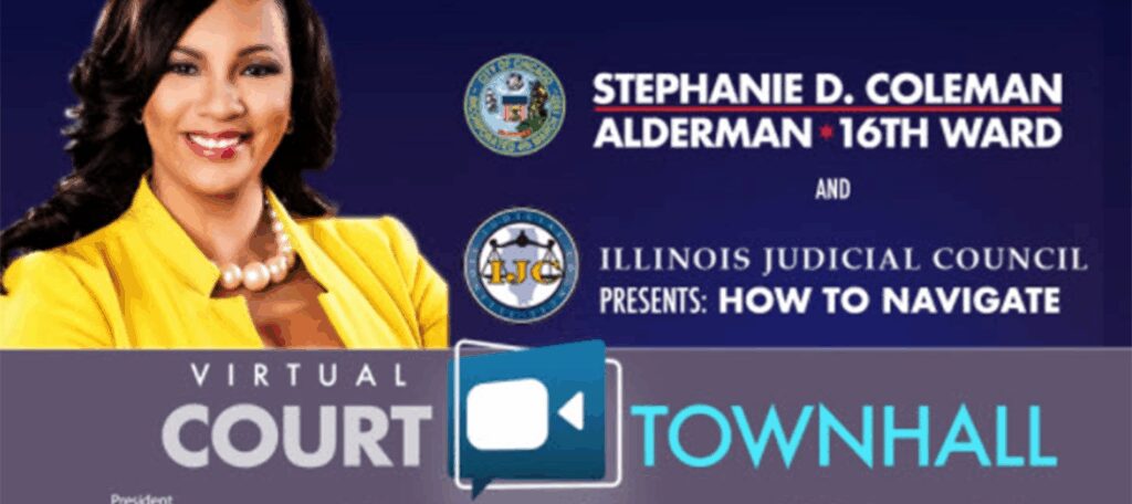 Promotional graphic for a virtual court event featuring Stephanie Alderman and Illinois judges.