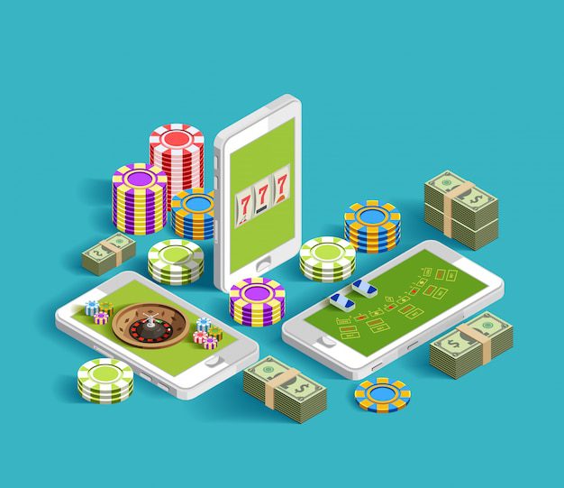 Online poker game with chips, cards, and money on smartphones.