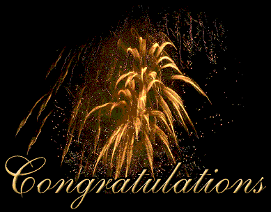 Golden fireworks burst with 'Congratulations' text glowing below.