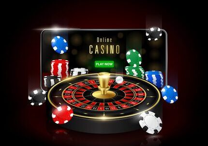 A vibrant casino roulette wheel surrounded by colorful poker chips.