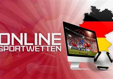 Computer screen shows a soccer match with German flag and online betting text.