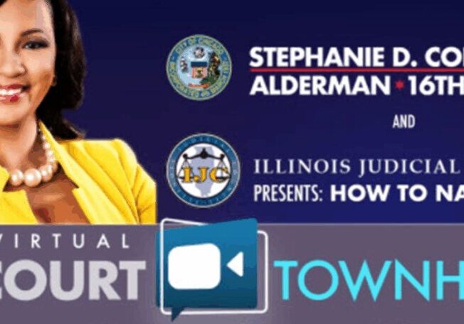 Promotional graphic for a virtual court event featuring Stephanie Alderman and Illinois judges.