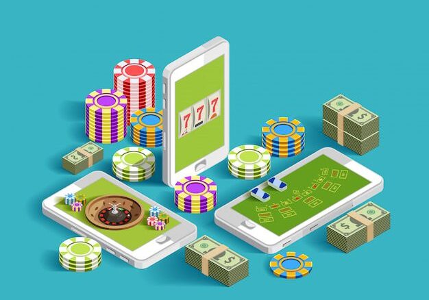 Online poker game with chips, cards, and money on smartphones.